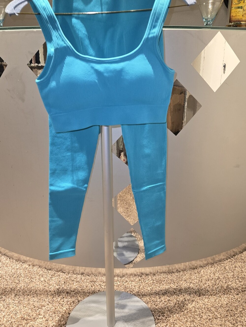 Ladies Ribbed Tank-Style Leggings in Bright Turquoise
